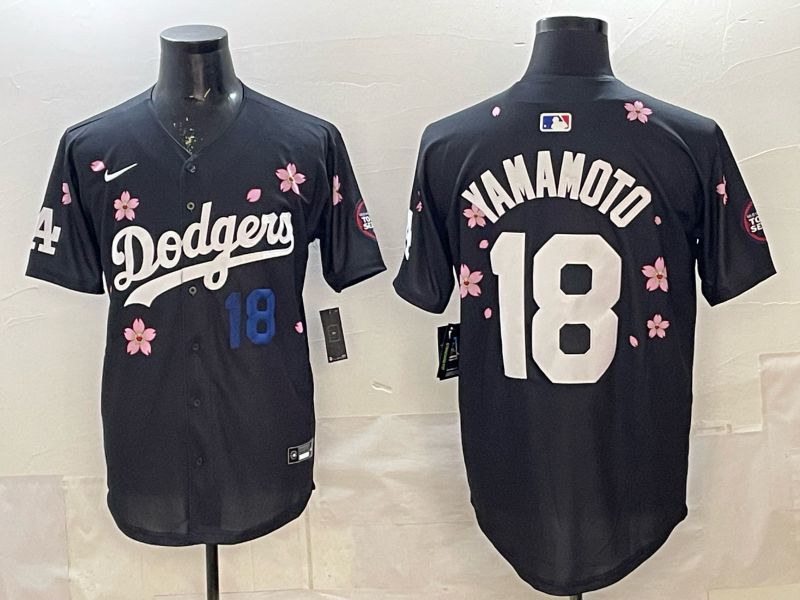Men 2025 Los Angeles Dodgers #18 Yamamoto Black Sakura Edition Nike MLB Jersey 013